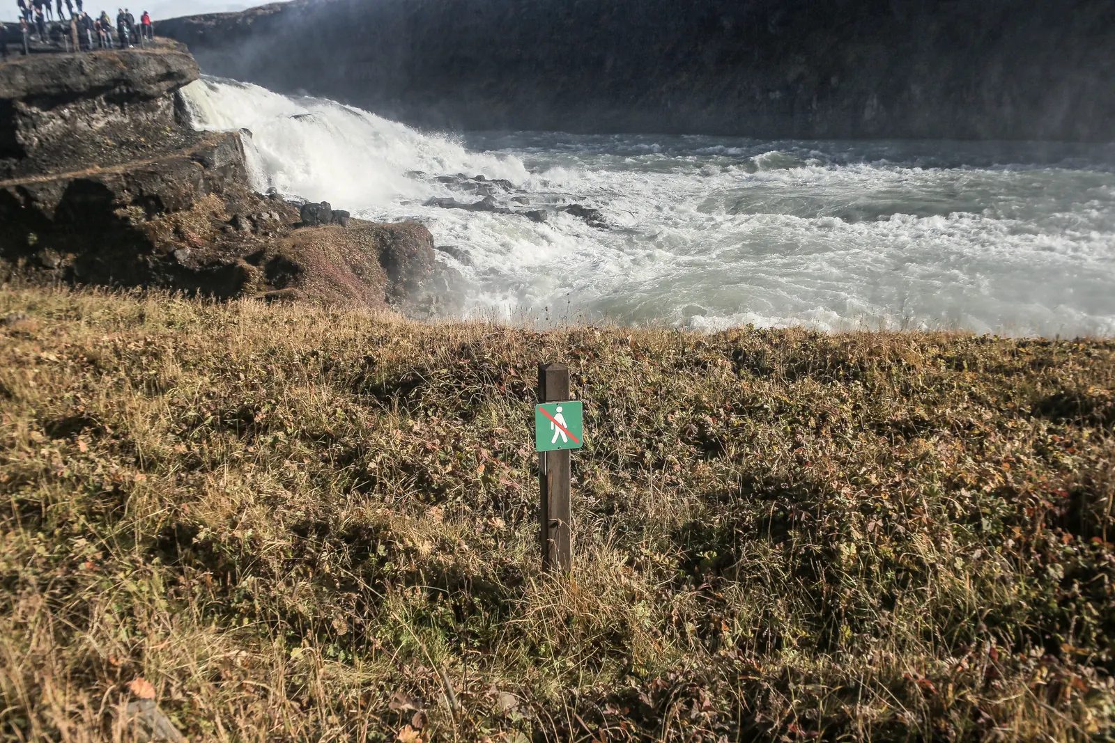 奔流的水道旁有草地、繩索與小型綠色標示牌。